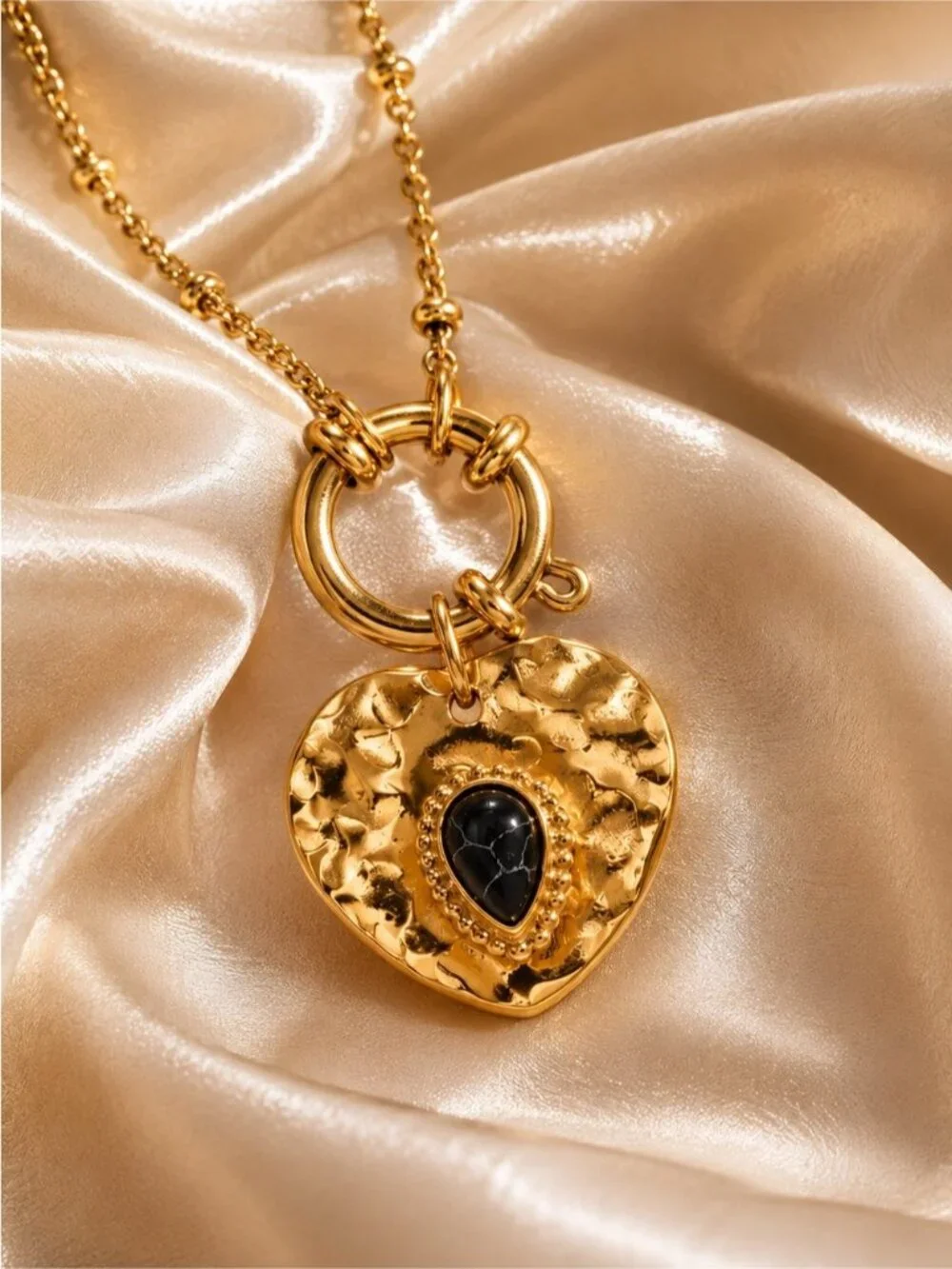 Gold plated Heart Pendant Necklace with Black Teardrop Accent